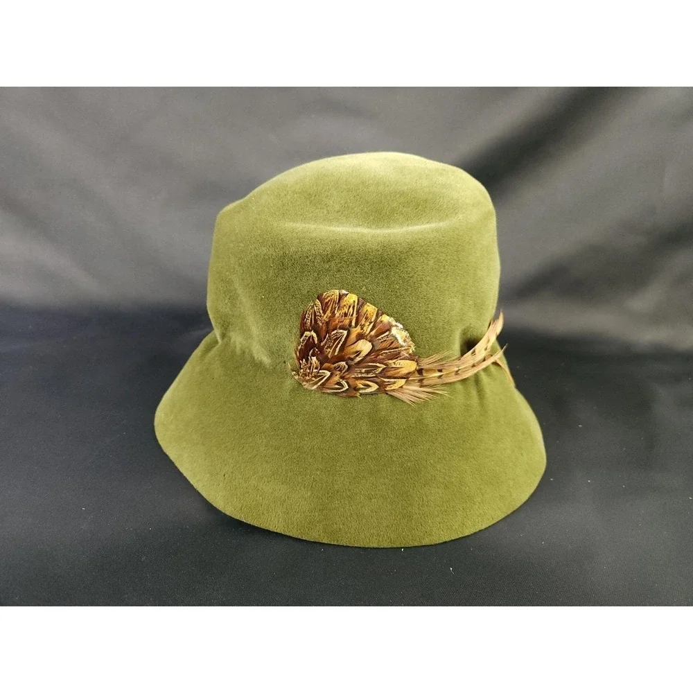 60s Vintage Pheasant feather Bucket Hat‎ ribbon Made In France Wool Felt